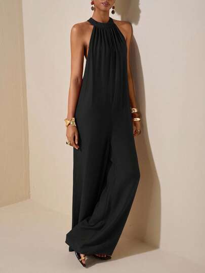 Zivah Beach New Spring And Summer Leisure Vacation Daily Commuting Halter Neck Round Neck Sleeveless Ultra-Loose Wide-Leg Plus-Length Pants Women's Jumpsuit