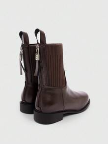 CUCCOO BIZCHIC 女士时尚英伦风格后拉链咖啡色弹力靴，圆头平底踝靴