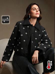 Anewsta 女式短款修身优雅厚重铆钉领黑色冬季外套 - 黑色 - 查看 1