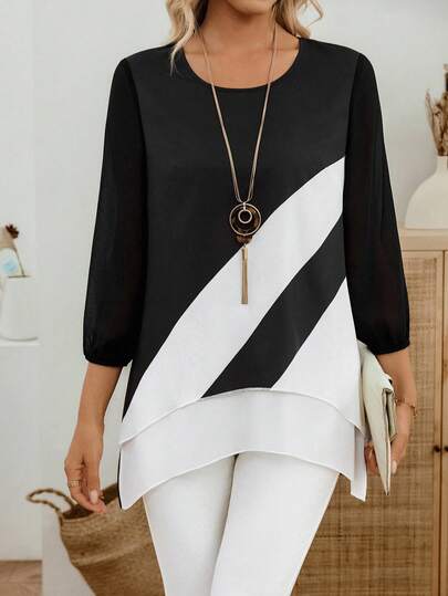 EMERY ROSE Casual Commuter Colorblock Asymmetric Hem Shirt