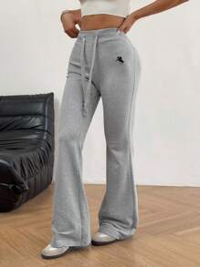 SHEIN EZwear Women's Embroidery Flare Pants, Fashionable Design Suitable For Summer - Grey - View 4