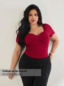 Firerie Plus Rib-Knit Twist Sweetheart Neck Tee - Burgundy - View 1