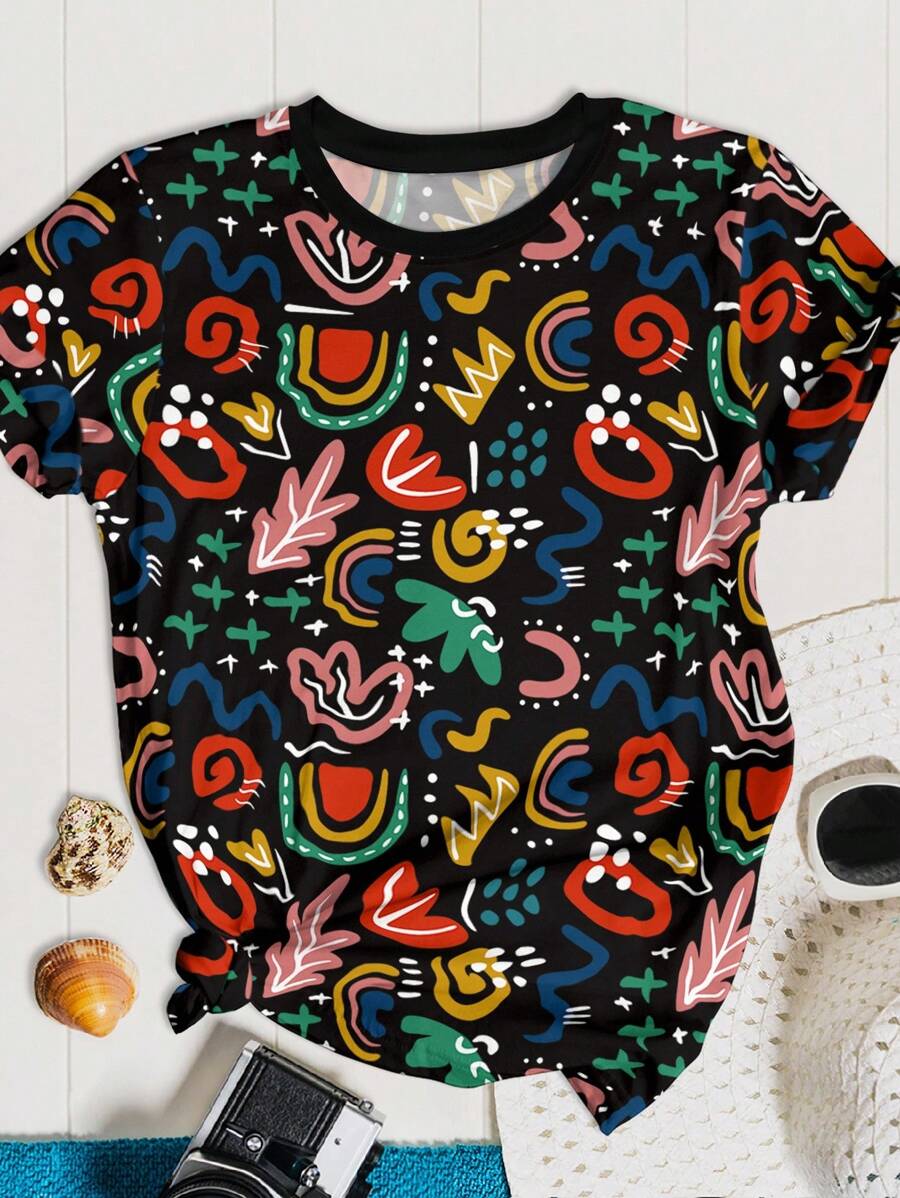 EMERY ROSE Plus Size Women's Colorful Abstract Print Graphic Tees,Casual Summer,Graffiti Print Women Tops