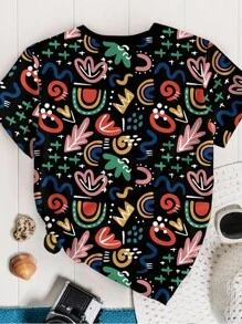 EMERY ROSE Plus Size Women's Colorful Abstract Print Graphic Tees,Casual Summer,Graffiti Print Women Tops