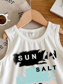 SHEIN 小男孩休闲度假风格棕榈树印花背心，适合夏季外出和度假