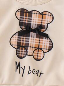 Infant/Toddler Girls Apricot Color Bear Patchwork Plaid Pleated Dress - Apricot - View 3