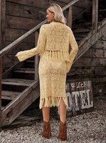LanaWest 2pcs Women Solid Color Hollow Out Fringe Bohemian Style Sweater Set Fall Winter Cloth For Women