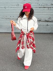 SHEIN Explorewe 2 件 Tween Girl ME 秋冬套装，宽松休闲街头插肩色块高领拉链连帽衫和阔腿裤，适合休闲、通勤、街头风格、聚会 - 白色 - 查看 4