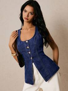 Poéselle 女式休闲水洗无袖牛仔上衣 - 深色水洗藍 - 查看 4