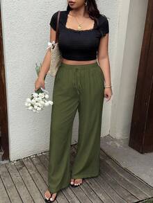 SHEIN Tall Plus Size Solid Color Casual Loose Fit Wide Leg Pants Fall Cloth For Women