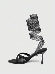 CUCCOO SZL Zapatos de mujer de tacón alto con punta afilada y cordones de satén negro de 8 cm - Negro - Ver 8