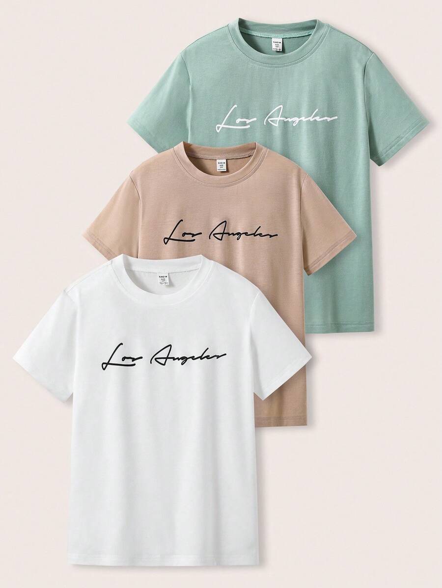 SHEIN 3 件儿童/青少年男童休闲百搭印花图案圆领宽松短袖 T 恤针织上衣，3 种款式，适合学校、花园、海滩、生日、春夏秋冬 - 彩色 - 查看 1