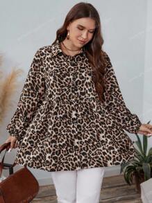 SHEIN LUNE Plus Size Women Leopard Print Lapel Long Sleeve Blouse, Fall/Winter Tops Button Up Shirt Business Casual Woman Work Thanksgiving Holiday - Multicolor - View 6