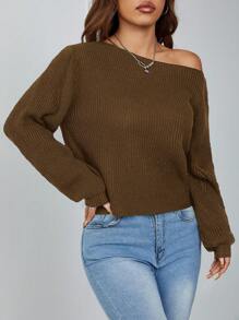 SHEIN PETITE 女款棕色毛衣，秋季休閒日常露肩上衣，斜肩坑條紋套頭衫，長袖不對稱毛衣，適合秋冬，小碼女款 - 棕色 - 查看 6