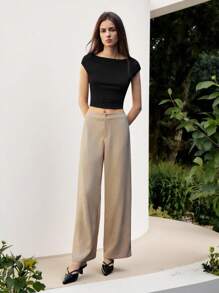 Maija 女士休闲通勤条纹低腰直筒裤 - 卡其色 - 查看 5