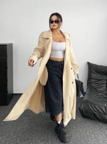 POPSWAY New Elegant Maxi Khaki Double-Breasted Straight Loose Cinched Waist Lapel Long Sleeve Windbreaker Coat For Women, Fashion Minimalist Chic Outerwear Winter Fall Autumn - Khaki - View 5