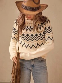 Casual Crew Neck Long Sleeve Basic Sweater With American Country Fair Isle Pattern, Beige, Autumn/Winter Women Sweaters Pullover For Women Winter Women Western Wear Fair Isle Sweater 2000s Country Concert Western Wear Women Boho Country Going Out,Fall - Apricot - View 5