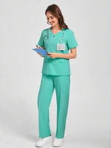 Scrubzie Scrub Uniform Set, Short Sleeve Top And Pants, Solid Color - Green - View 8