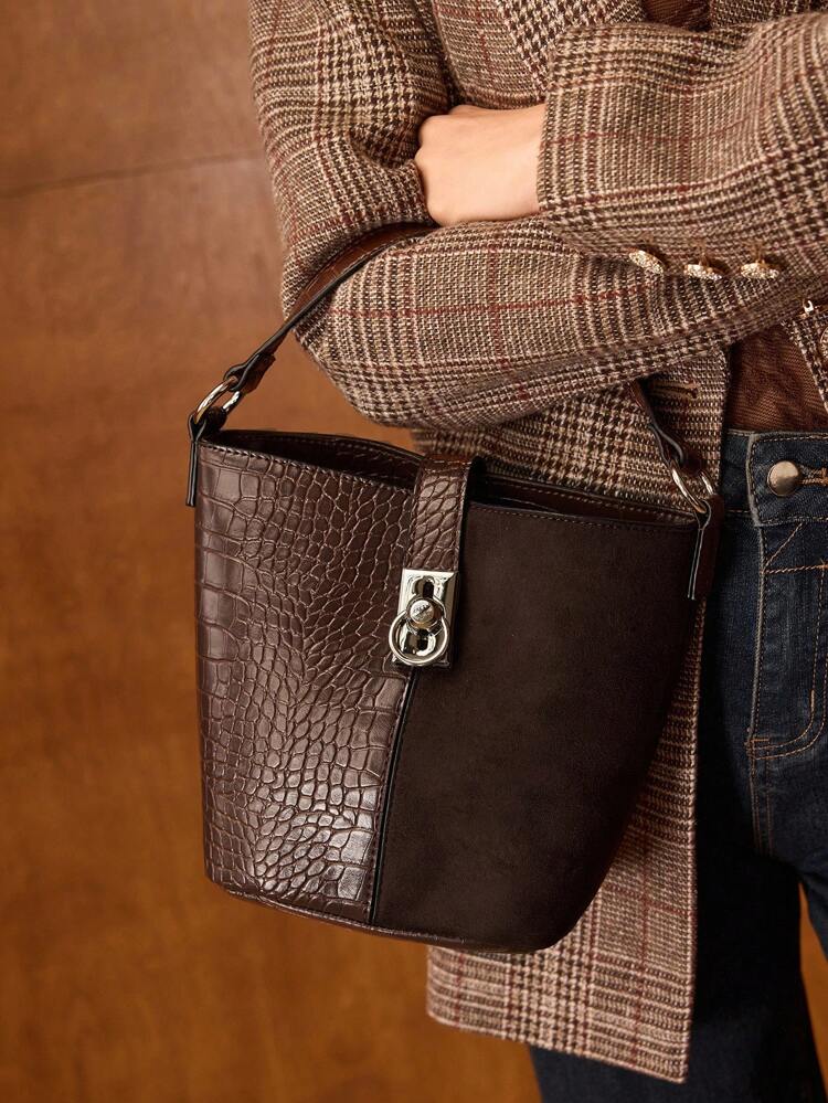 Bolsa de Alça Superior de Grande Capacidade com Padrão de Crocodilo em Couro Sintético (PU)