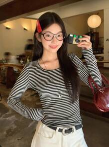 DAZY 女士圆领条纹韩版休闲长袖T恤，春秋装，秋季女装 - 灰色 - 查看 6