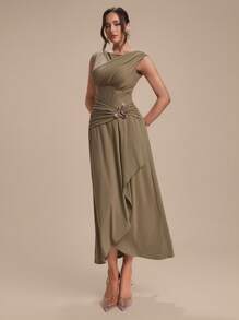 Modelyn Women's Elegant Sleeveless Olive Green Summer Bar Party Dress,Asymmetrical Pleated Metal Buttoned Cotton Old-Fashioned Style Fall Clothes - Army Green - View 5