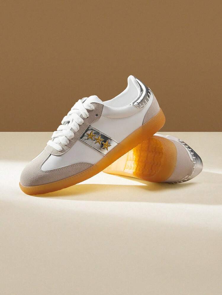 CUCCOO EASI Women's Lace-Up Colorblock Round Toe Casual Sneakers, Comfortable PU Leather Brown Casual Sports Shoes For Outdoor Daily Wear