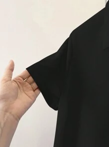 INAWLY Áo sơ mi nữ tay ngắn, cài nút đơn, dáng rộng, màu trơn, mùa hè - màu đen - Xem 8