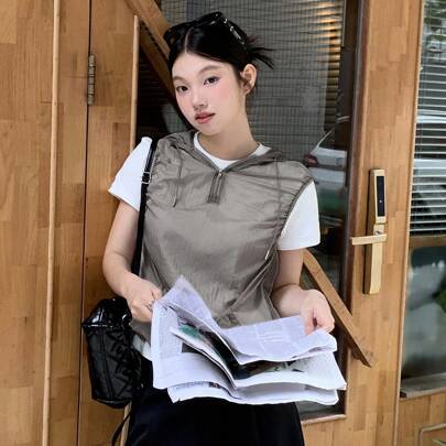 여성 캐주얼 민소매 후드 셔츠, 솔리드 컬러, 여름