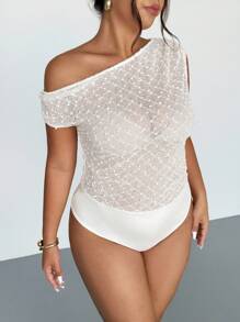 Firerie Plus Size Women's Asymmetric Neckline Ruched Textured Elastic Bodysuit, Elegant & Romantic For Weddings, Concerts, Celebrations, Spring/Summer - Apricot - View 3