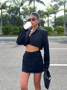 SHEIN EZwear 2025新款极简主义女式条纹短款外套和低腰迷你裙套装，返校季朋克商务休闲女装外出穿搭，秋季女装，Y2K街头风，2000年代风格 - 深灰色 - 查看 3