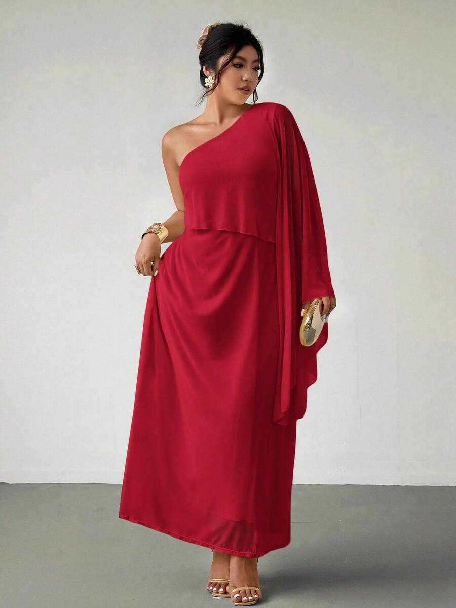 Firerie 新款夏季宽松雪纺网眼双层不对称长裙，黄色；适合情人节、音乐会、表演、约会、正式晚宴、舞会、婚礼季节、性感、优雅、通勤、返校、度假、海滩、浪漫、办公室女士、美人鱼风格、生日派对 - 酒紅色 - 查看 1