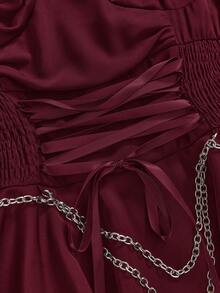 ROMWE Gaun Wanita Gaya Gothic Vintage Musim Semi/Panas dengan Rantai Logam, Tali Pinggang yang Dapat Dilepas, dan Hem Berlapis Asimetris - Burgundy - View 4