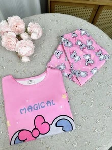 2 piezas Conjunto de pijama con estampado de koalas lindos de manga larga y pantalones rosados para niña - Rosa - Ver 1