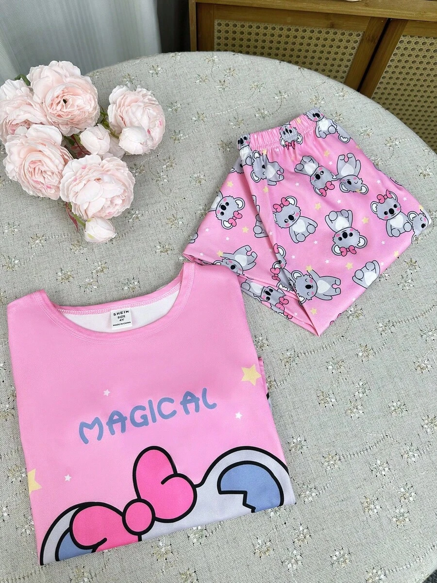 2 piezas Conjunto de pijama con estampado de koalas lindos de manga larga y pantalones rosados para niña - Rosa - Ver 1