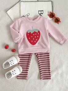 SHEIN Baby Girl Autumn Cute Fruit Embroidery Long Sleeve Top And Ribbed Leggings 2pcs Set - Pink - View 3