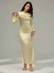 Modelyn 女式纯色喇叭袖修身优雅连衣裙 - 杏色 - 查看 5