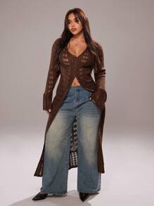 Rustia 返校棕色长款开衫、镂空针织毛衣开衫、休闲风长款喇叭袖毛衣开衫
