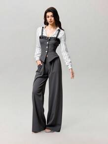 SHEIN MOD Women's Gray Vest, Blazer & Trousers Suit Set,Office Siren, Fall Sets,Business Casual Women,Women Two Pieces Sets,Two Pieces Pants Set