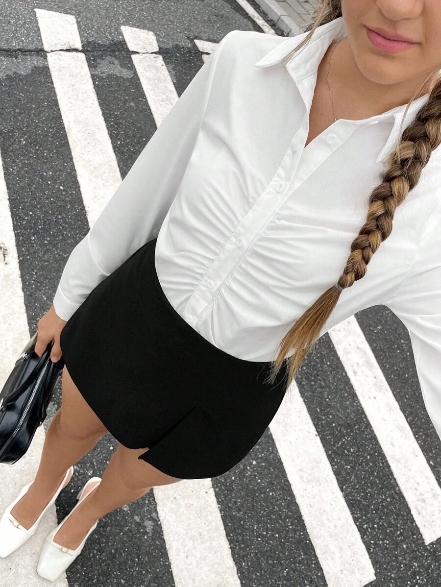 SHEIN Teen Girl Solid Ruched Button Front Shirt - White - View 1