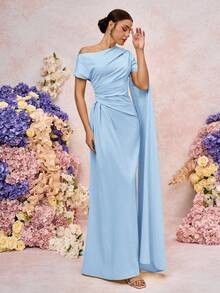 SHEIN Belle Váy dài tay bèo nhún tay lệch thanh lịch, thích hợp cho đám cưới, sự kiện trang trọng, hẹn hò, phù dâu - Màu xanh lam - Xem 4