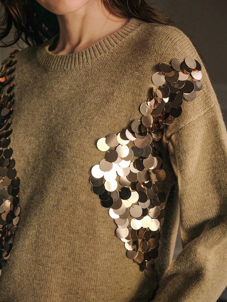 CONTRAST SEQUINS DROP SHOULDER OVERSIZE SWEATER