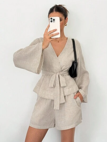 SHEIN Tall 女式纯色简约 V 领长袖上衣和短裤两件套