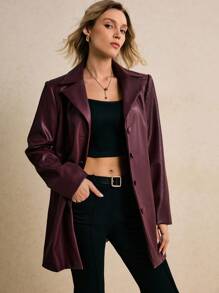 Poéselle Women's Burgundy Faux-Leather Blazer Jacket,Oversized Vegan Leather Button-Front Coat,Chic Autumn Night Out,Quiet Luxury Lapel Neck Long Sleeve Jacket - Burgundy - View 5
