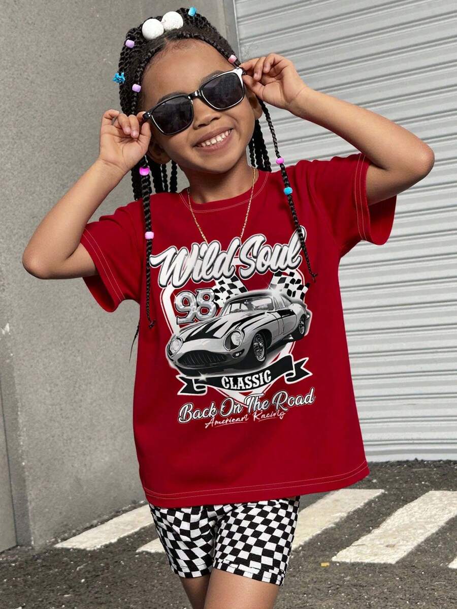 2pcs/Set Young Girl Casual Minimalist Short Sleeve Top And Shorts Set, Suitable For Summer