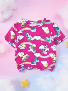 My Little Pony X SHEIN 少女卡通图案圆领短袖T恤 - 粉色 - 查看 1