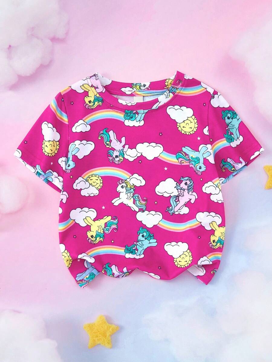 My Little Pony X SHEIN 少女卡通图案圆领短袖T恤 - 粉色 - 查看 1