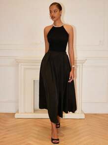 Islaluna A-lijn effen kleur hoge taille rok maxi dames outfit