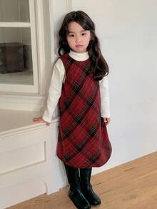 DAZY Rochie de Crăciun fără mâneci, în carouri, în stil coreean, pentru fete tinere, toamnă și iarnă - Burgundia - Vizualizare 4