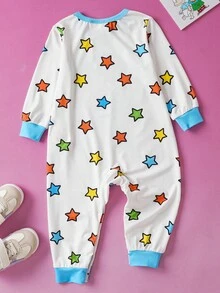 Nick 90s | SHEIN Baby Boy Cartoon Cute Cartoon Figure Graphic & Colorful Star Print Blue & White Contrast Long Sleeve Jumpsuit, Suitable For Autumn/Winter Fall