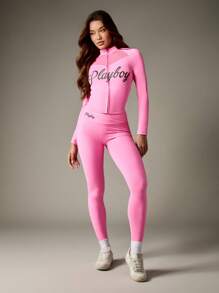 Missguided x Playboy Women Full Zip Athletic Jacket High Neck Long Sleeve Form Fitting Workout Top With Mesh Panel Insert - Pink - View 3